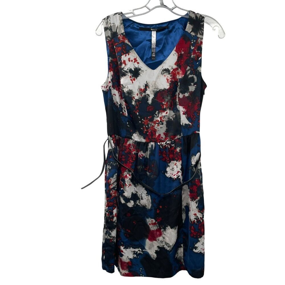 Kensie Womens Belted A-Line Dress Sleeveless Multicolor Print Size Medium